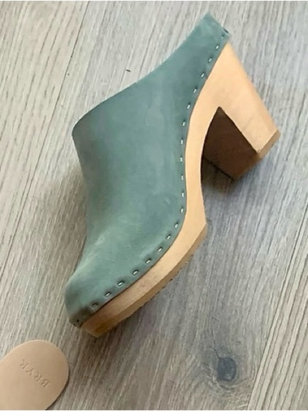 Bryr Sage Green Suede Clog Mule with Natural Wood Heel